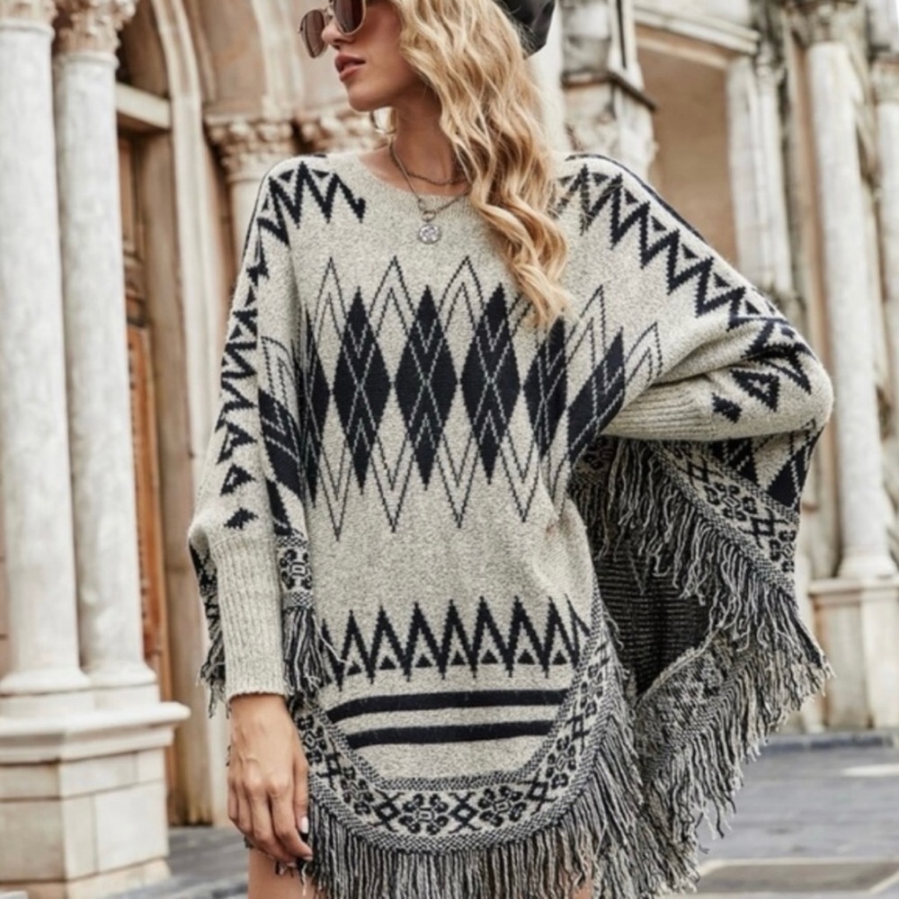 Cream and Black Geometric Fringed Poncho Sweater